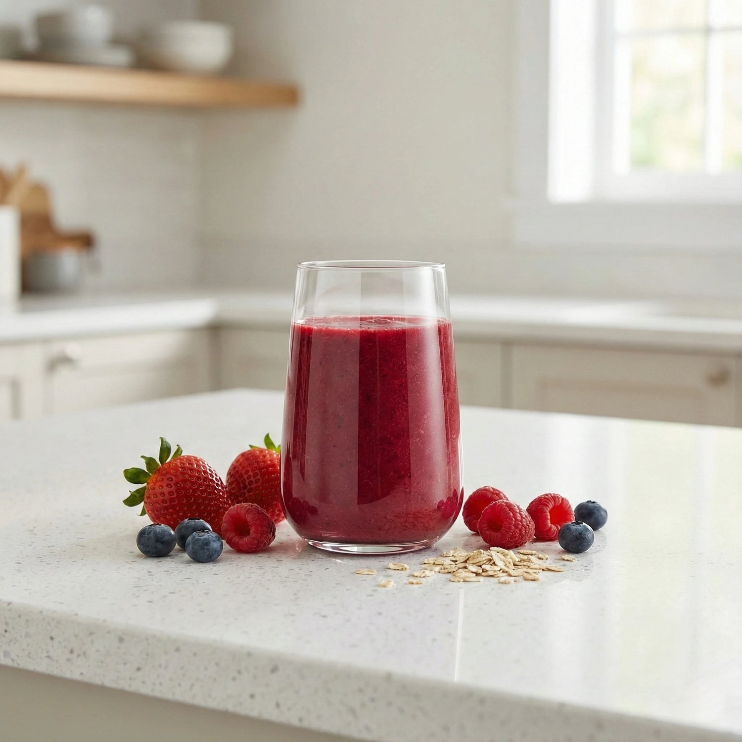 Frischer Beeren-Smoothie im Glas, gemixt mit tragbarem Akku-Mixer