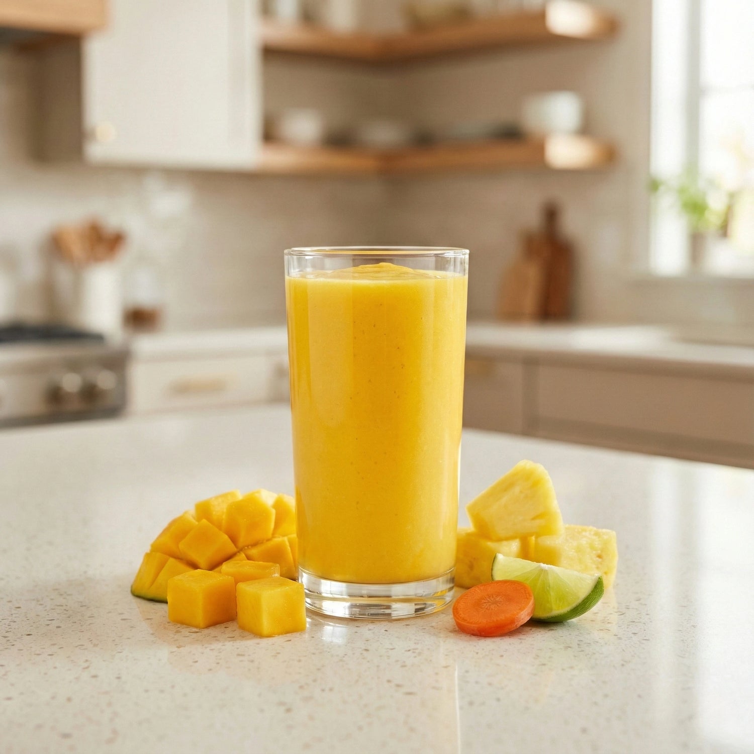 Sommerlicher Mango-Smoothie mit Eiswürfeln aus tragbarem Standmixer